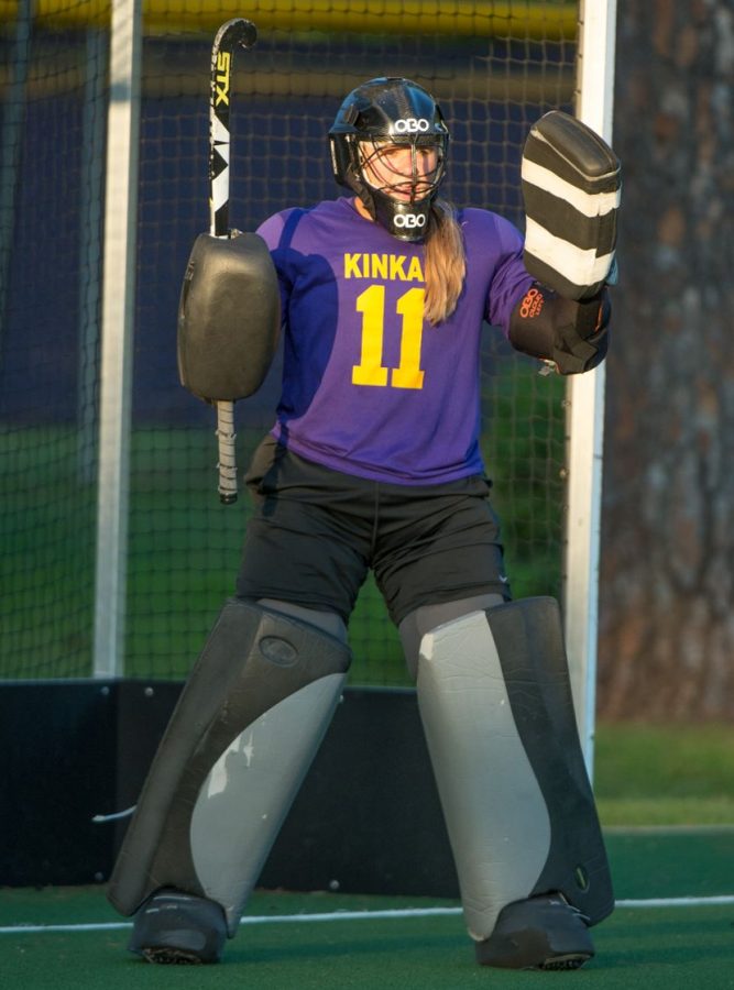 Annabel Skubisz defending the goal against Episcopal High School.