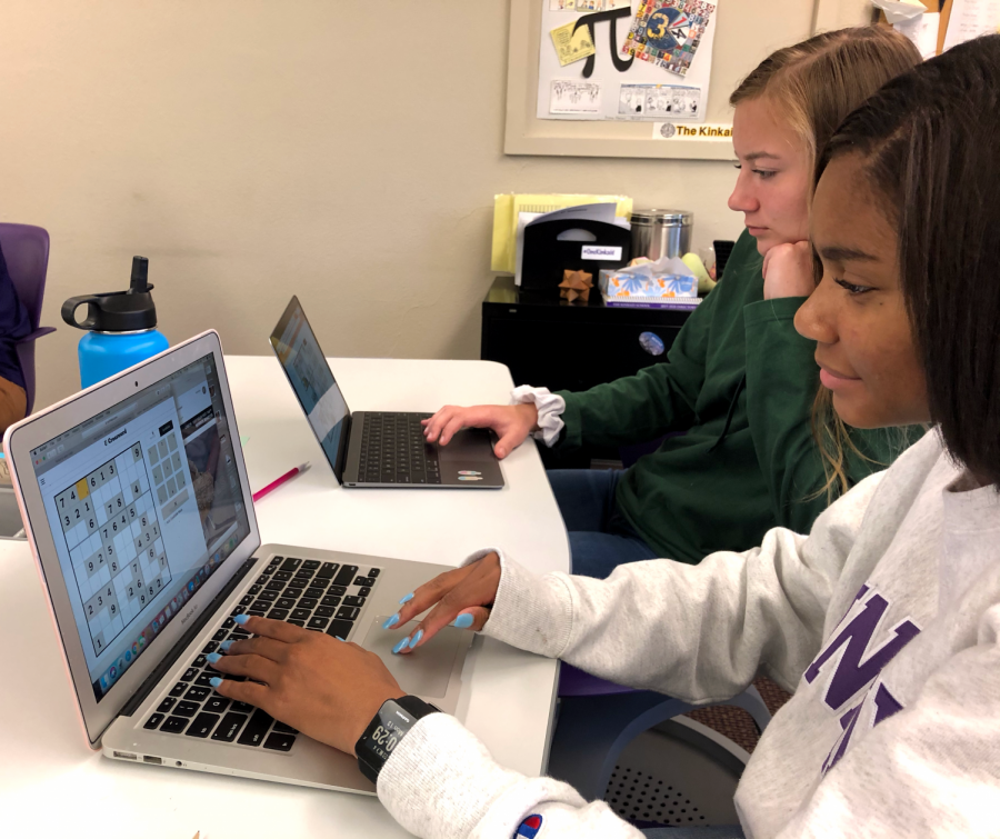 Sophomores Kevriana Scott and Braeden Arkless practice solving a sudoku puzzle Monday during their Interim Term class called Puzzles and Problems. The class is taught by Mrs. Carolyn Clancy, match chair and teacher.
