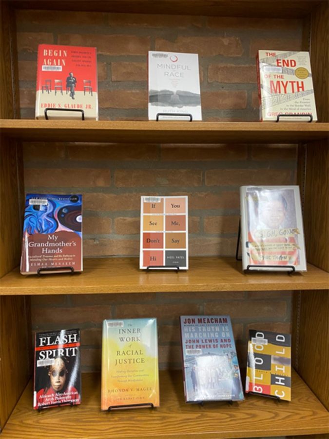 Librarians organized a bookcase of diverse books in January 2021.