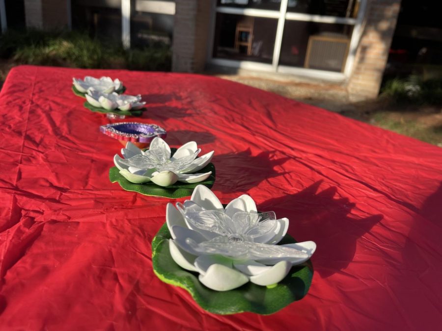 A row of decorative lotuses were set out in the courtyard. The white lotus is a common Hindu symbol for prosperity. 