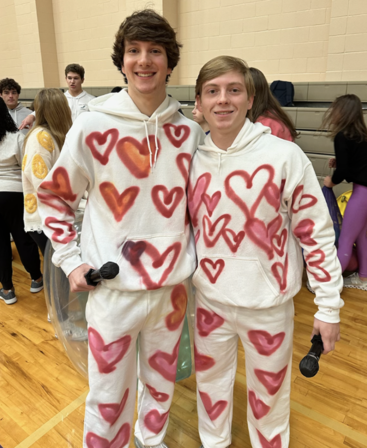 Senior student emcees Hunter Masterson and George Kugle for the pep rally pose.