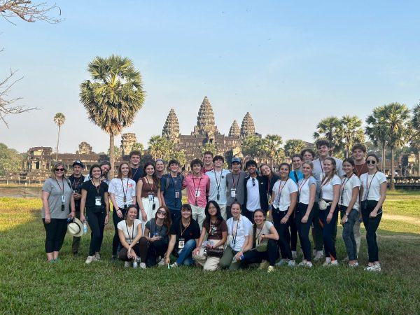 Students in group one of the Southeast Asia trip pose near Angkor Wat, an ancient Hindu temple in Cambodia recently designated as the eighth wonder of the world. 