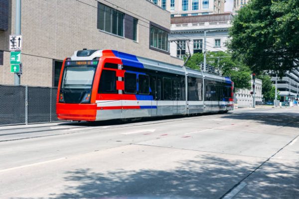 Public electronic train transportation in Houston, Texas downtown district.