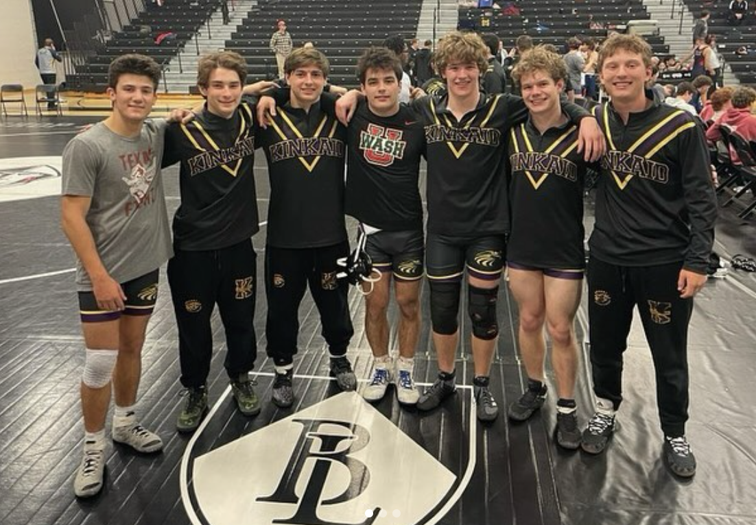 Kinkaid wrestling poses after placing third at State Duals, with wins against ESD, Fort Worth Country Day, and St. Mark's.