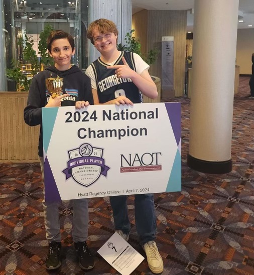 Junior Ali Hamzeh and Senior Cole Hartung pose at the 2024 Individual Player National Championship Tournament. Hamzeh won the tournament with a score of 750 points, 30 more than the runner-up and 185 more than the third-place winner. Hartung placed seventh in the tournament after receiving 535 points.

“Cole and Ali have been tireless in their quest to be the best Quiz Bowl players they can be,” said Upper School math teacher and Quiz Bowl coach Dr. Richard Parr. “I was thrilled to see their hard work and dedication rewarded with their performances at IPNCT.”
