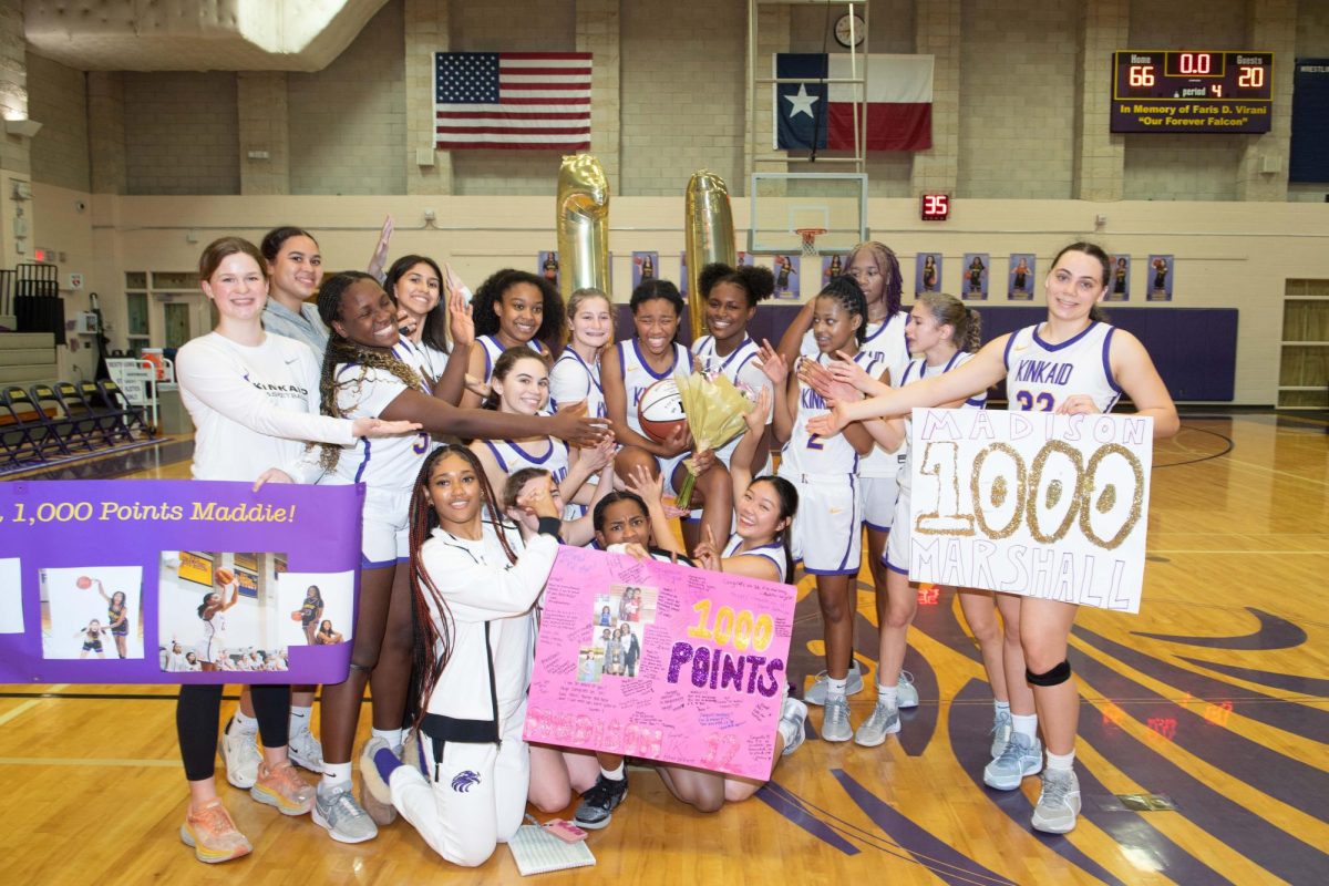 The girls basketball team celebrate former varsity player and Kinkaid alumna Madison Marshall on scoring 1,000 points during the 2023-24 season. Under continued strong coaching and training, the team is among the most elite varsity girls basketball teams in the nation.