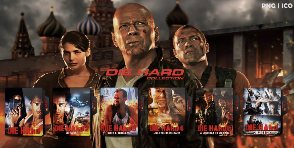 A promotional image showcases the "Die Hard" movie collection, featuring Bruce Willis as John McClane across all five films in the action franchise. The ongoing debate over whether the original 1988 film qualifies as a Christmas movie resurfaces each holiday season.