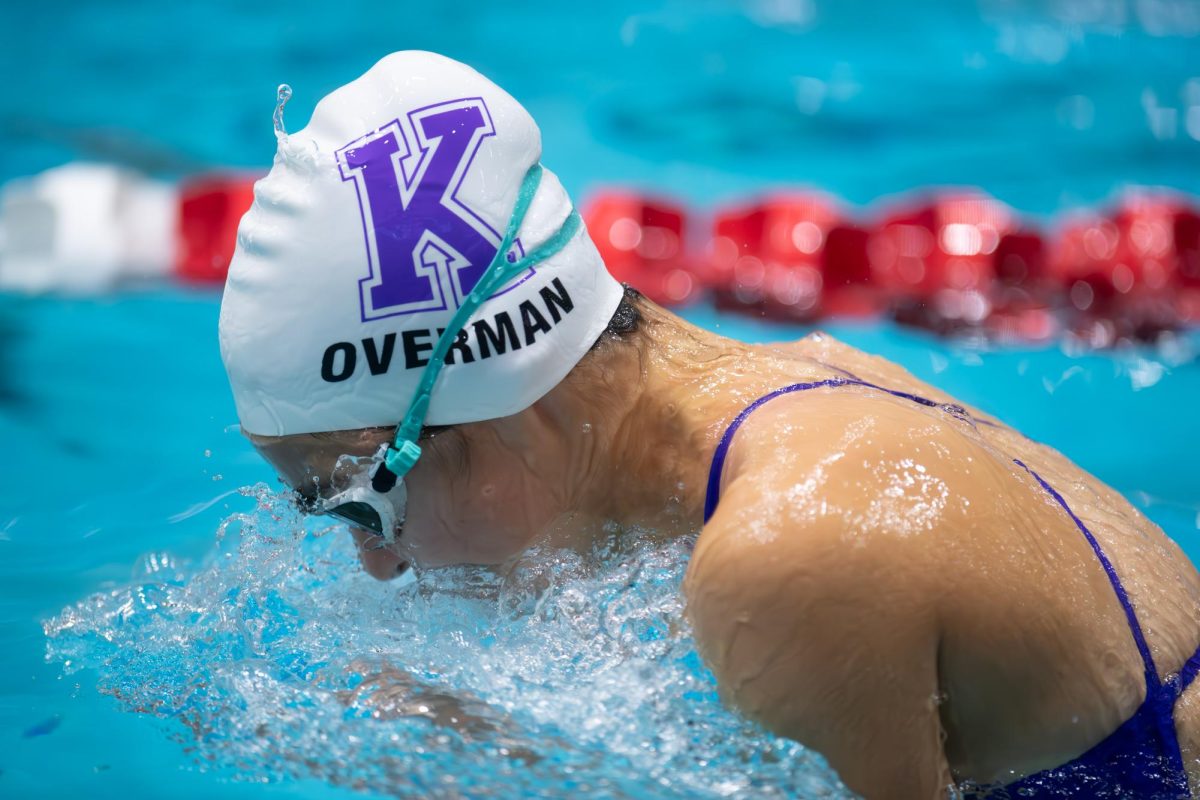 Freshman Oliva Overman competes in a swim meet in 2024. Overman said the transition to high school swim has been smooth. “We had conjoined meets last year in middle school, which helped me get to know the team even before my high school season,” she said.