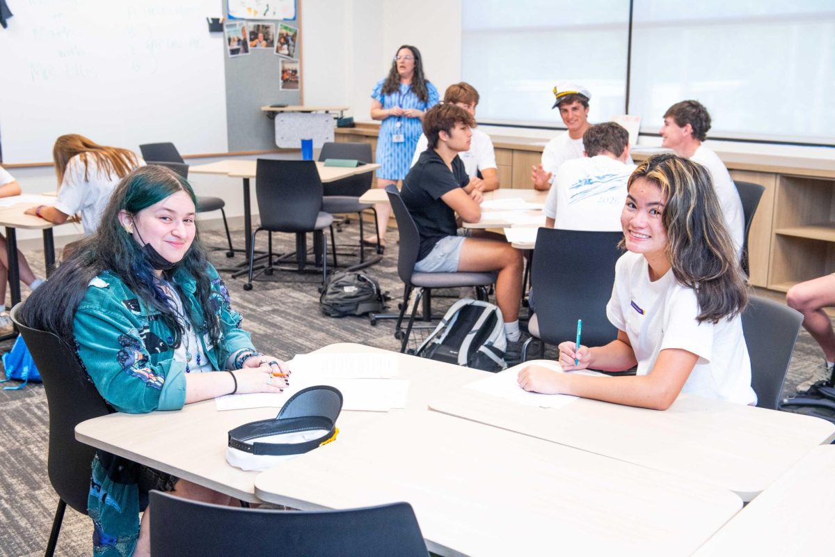 Seniors Z Ostrosky and Julia Godinich take a snapshot on the first day of their last year in high school. They began the day in a class being taught by Upper School math teacher Mrs. Angie Ellis.
