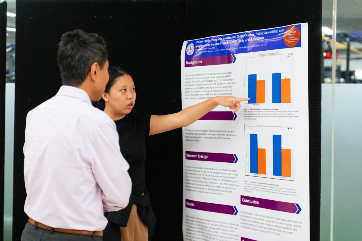 Sophomore Elizabeth Koo points to her study, which looked at private equity hospitals. Woo completed an independent study. Kinkaid's CLEF program is expanding its classes to include students like Koo who is not part of the CLEF program.