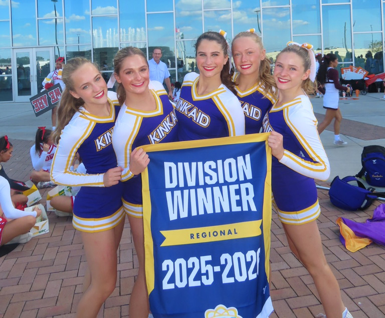 Sophomore Collins Montgomery, senior Caroline Kubitza, sophomore Madeline Lobb, sophomore Annie Ott and senior Lucy Dannenbaum celebrate their achievement at the UCA regional competition.